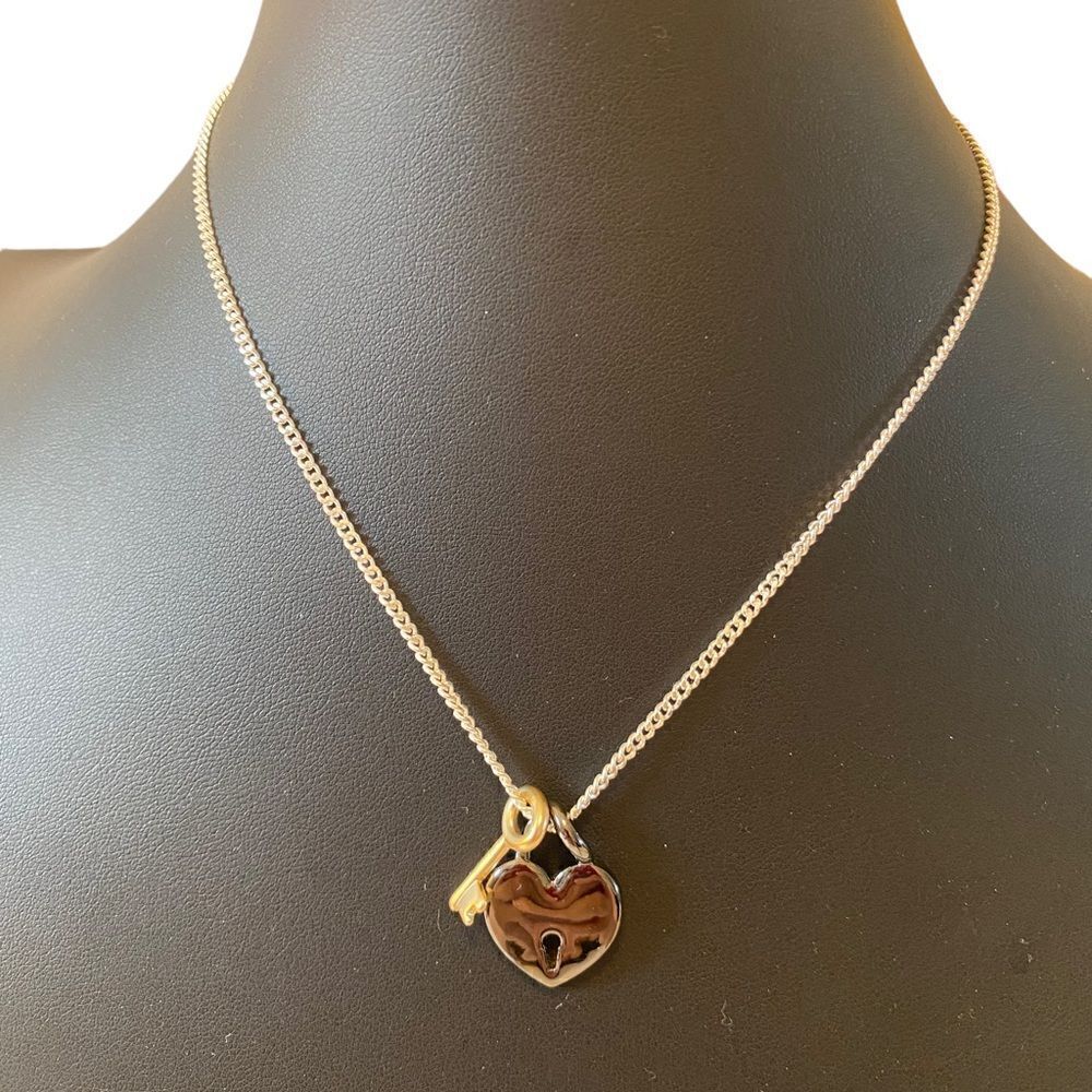 Gun Metal Heart Shaped Lock w/ Gold Tone Key on Serpentine Chain.